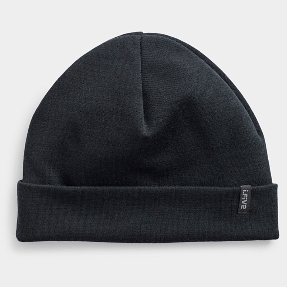 Minimalist black unisex fine knit merino wool blend tuque hat beanie NWT